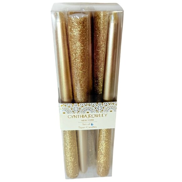 Holiday Metallic Gold Glitter Taper Candles Two Tone Set Of 6 By Cynthia Rowley - Picture 1 of 16